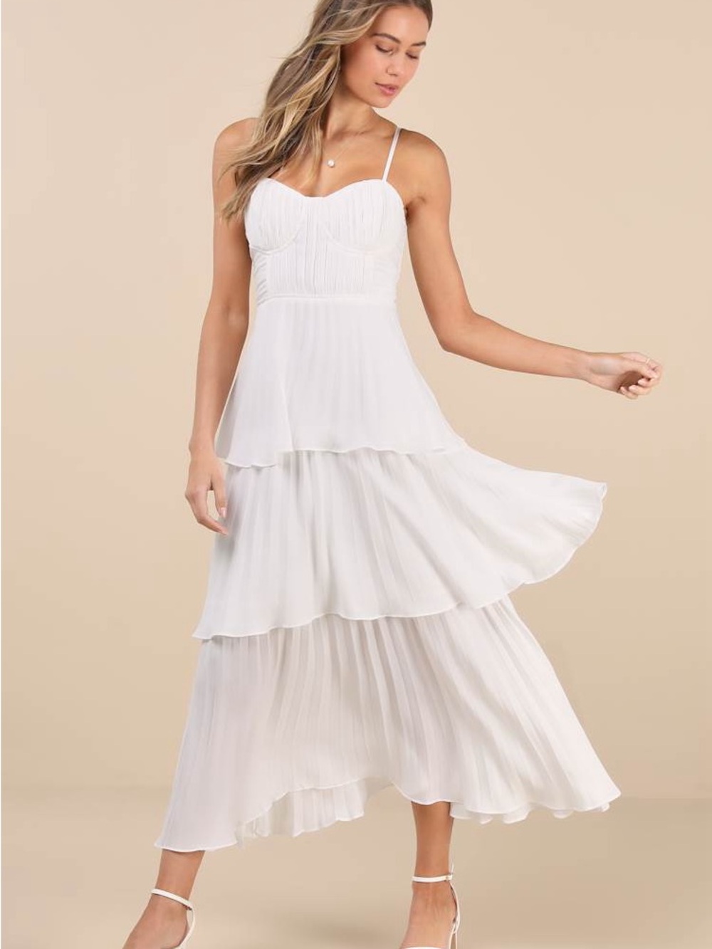 Lulus Cascading Crush White Tiered Bustier Midi Dress Size S NWT